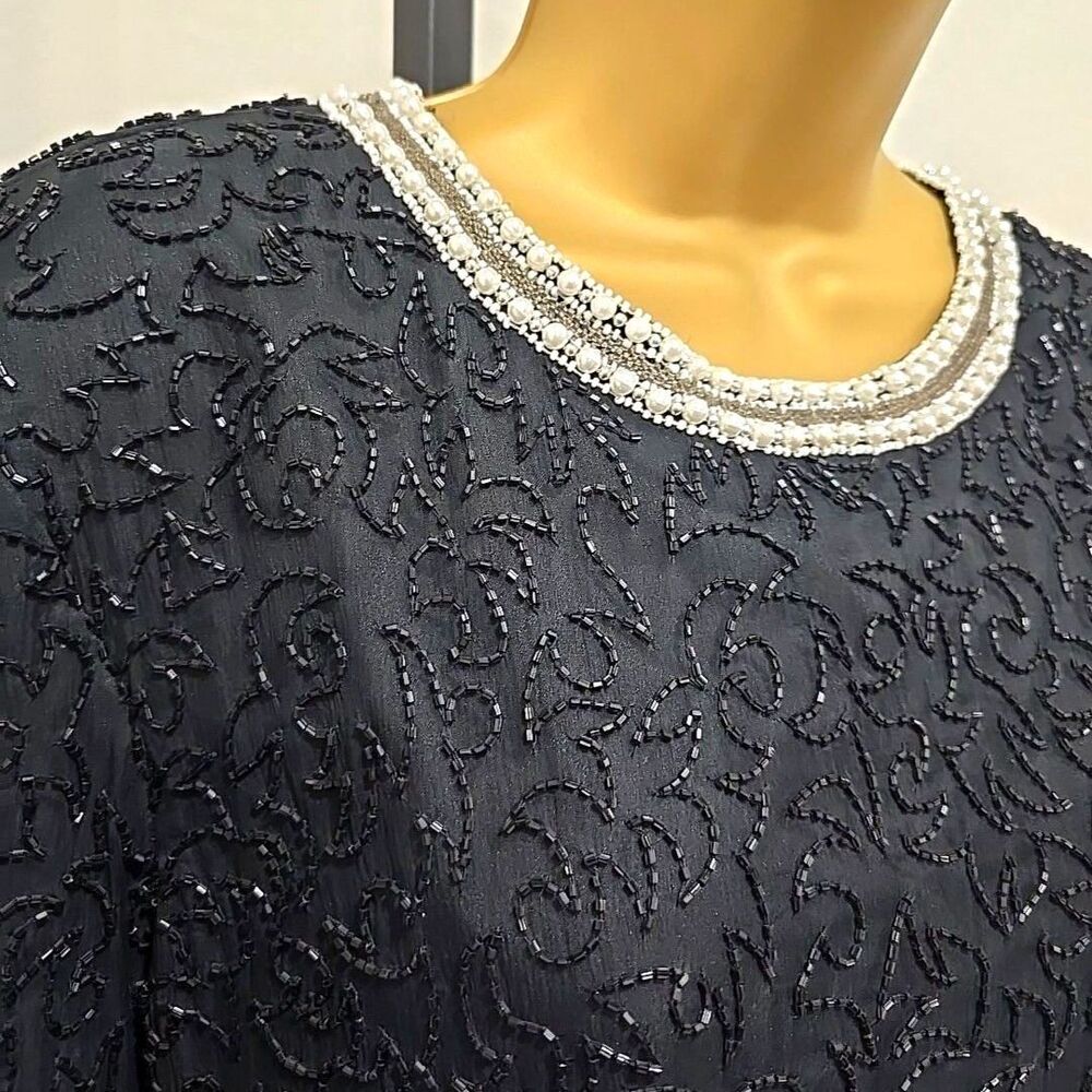 Vintage Stenay Silk Blouse Medium Black Beaded Pearl Short Sleeve Cocktail Glam